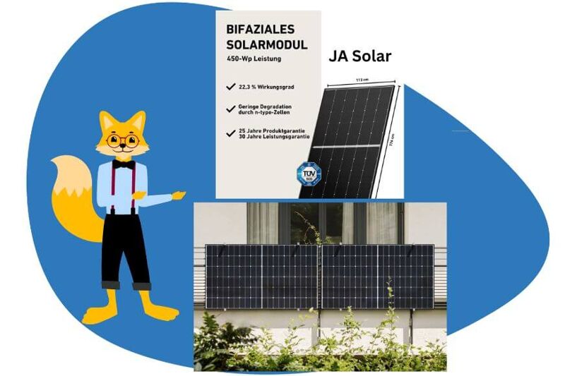 Das Balkonstrom JA Solar - Solarmodul wird im ganzen gezeigt.